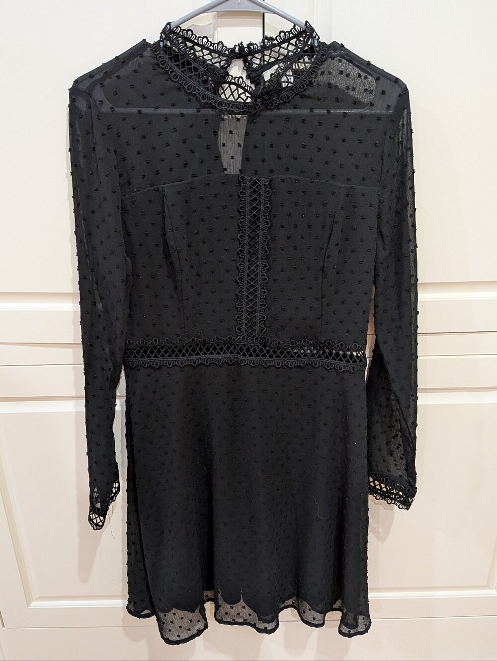 Miami Black Sheer Dot Lace-Trim Long Sleeve Dress Size Large